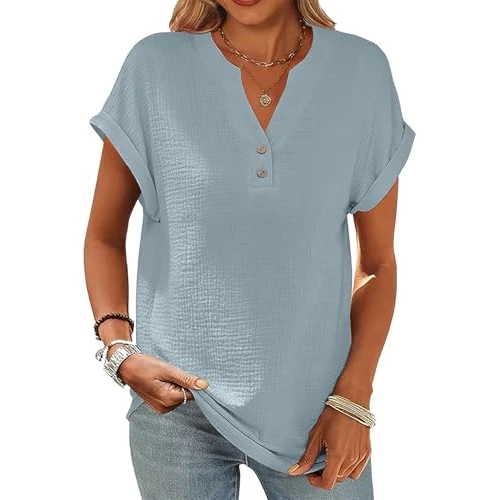 Zeitlich begrenztes Angebot: CheChury Damen Bluse Kurzarm Elegant Oberteile V Ausschnitt Bluse Damen Sommer Tshirt Knopfleiste Damenblusen Casual Blusenshirt Tunika Sommer Tops Locker Shirt Elegant Lässig Oberteil,Blau,S von 19.99 € auf 19.99 € (0.0% Raba