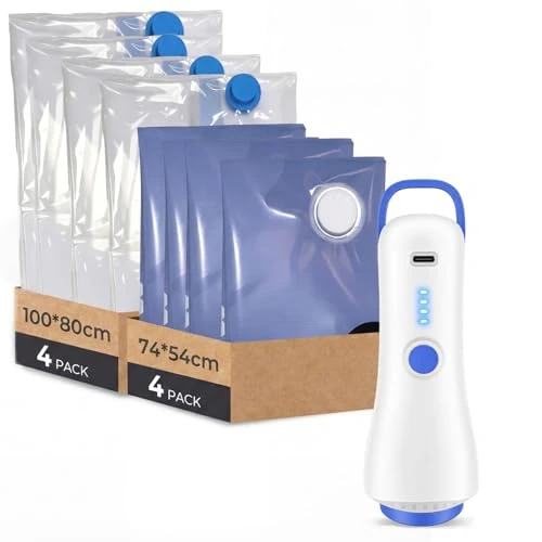 Offerta a tempo: Raplink Sacchetti Sottovuoto Vestiti con Pompa Elettrica, 8 Buste Sottovuoto Vestiti (4 * 100x80cm, 4 * 74x54cm), Sacchi Sottovuoto Vestiti per Viaggi, Traslochi e Stoccaggio - 40% da 33.32 € a 19.99 €