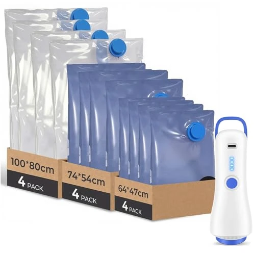 Sacchetti Sottovuoto Vestiti con Pompa Elettrica, 12 Buste Sottovuoto Vestiti (4 * 100x80cm, 4 * 74x54cm, 4 * 64x47cm), Sacchi Sottovuoto per Viaggi, Traslochi e Stoccaggio