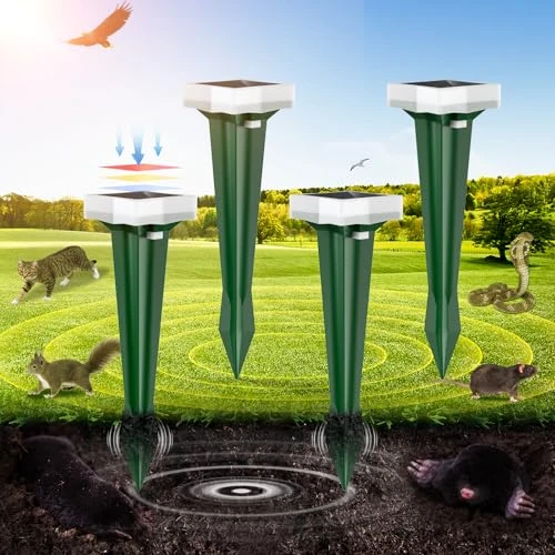 Offerta a tempo: Dissuasori per Talpe, 3 Modalità di Vibrazione Scaccia Talpe con Luce LED, Solare e Impermeabile Dissuasori per Scoiattolo, Ratti e Serpenti, per Prati, Cortili e Giardini (4, Verde) - 40% da 49.99 € a 29.99 €