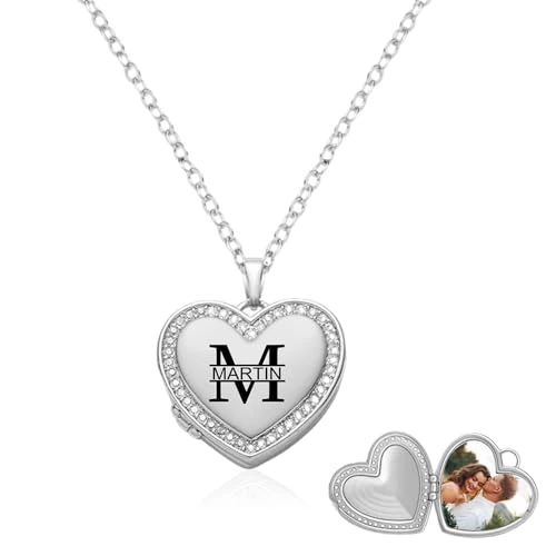 ALBERTBAND Collar Medallón con Foto Personalizado Mujer Colgante Corazón Ovalado con Nombre Grabado Joyería Regalo para Madre Esposa Novia Cumpleaños Navidad (Corazón-Plata)
