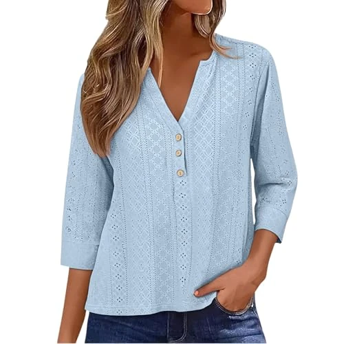 Cocila Surdimensionné Chemise légère pour femme avec boutons et patchwork, décontractée pour les vacances, à manches longues 3/4, col en V et col shirt S-5XL, bleu ciel, Small