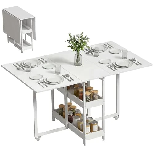 Offerta a tempo: HOMCOM Tavolo da Pranzo Pieghevole, Tavolo Cucina a Ribalta con Ruote per 4 Persone, Scrivania Richiudibile Salvaspazio con 2 Ripiani Aperti, Ideale per Soggiorno, Ufficio, 133.4x80x75 cm, Bianco - 22% da 96.95 € a 75.71 €