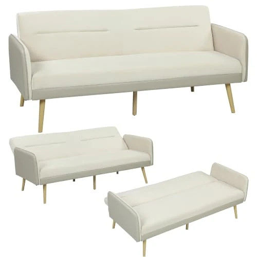 Offerta a tempo: HOMCOM Divano Letto 3 Posti Convertibile con Braccioli in PU, Divanetto Reclinabile Trasformabile Clic Clac in Velluto con Gambe in Metallo, Struttura in Legno per Salotto, Camera, 185x84x83 cm, Beige - 0.00% da 166.95 € a 166.95 €
