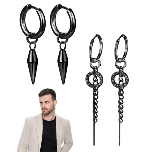 SCJJZ 2 Paare Herren Ohrringe,ohrringe schwarz,Mit Anhänger, ohrringe Edelstahl Kreis Kette Rom Creolen Damen Ohrstecker Stecker Dangle Ohrringe für Männer
