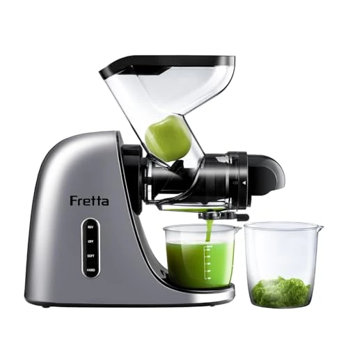 Offerta a tempo: Fretta Estrattore di succo, con Ampio Scivolo di Caricamento, Senza BPA, Estrattore con Motore DC Silenzioso e Funzione Inversa masticating juicer machines (Argento) - 50% da 199.99 € a 99.99 €