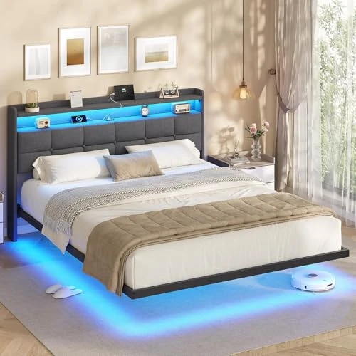 Offerta a tempo: AOGLLATI Letto Matrimoniale 160x200 cm con Effetto Visivo Levitante, Struttura Letto con LED e Stazione di Ricarica, Letto con Testiera Imbottita e Struttura in Metallo, Senza Materasso, Grigio Scuro - 7% da 124.99 € a 115.99 €