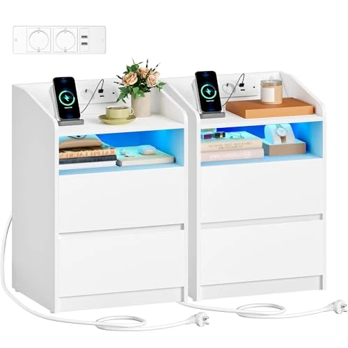 Offerta a tempo: Hzuaneri Comodino Set di 2, Comodini Camera da Letto con Luce LED e Stazione di Ricarica (2 Prese AC, 2 Porte USB), 1 Vano Aperto e 2 Cassetti, 35 x 40 x 58 cm, Bianco NS60103XEU - 0.00% da 79.99 € a 79.99 €