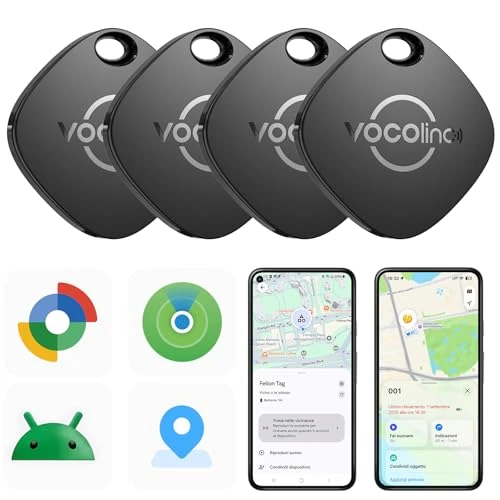 VOCOlinc Android Tag Smarttag Localizador Compatible con Google Localizador o Apple Buscar App, Rastreador Bluetooth Item Tracker para Llaves/Cartera/Bicicleta/Maleta, Batería Reemplazable, Pack de 4