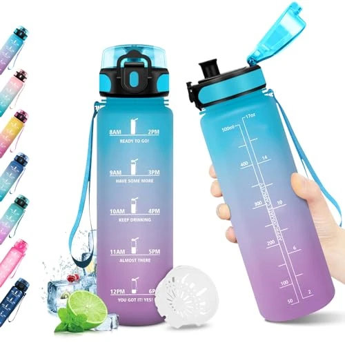 JAPORIA Trinkflasche 500ml, Wasserflasche Auslaufsicher, mit Zeitmarkierung und Filter, Kohlensäure Geeignet, für Outdoor, Camping, Büro, Sport, Fitness