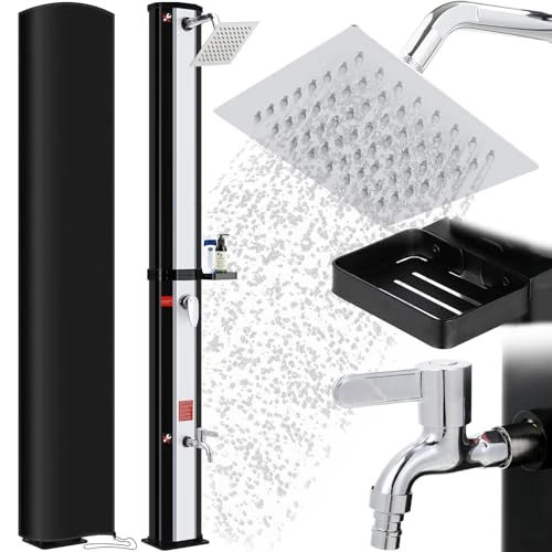 Zeitlich begrenztes Angebot: Solardusche 60 L, Gartendusche Warmwasser bis 60°C, mit Regenduschkopf, Wasserhahn, Seifenkiste & Schutzhaube, 4PCS Bodennägel, Pooldusche Camping für Garten, Balkon & Pool, ohne Stromanschluss von 169.99 € auf 169.99 € (0.00%