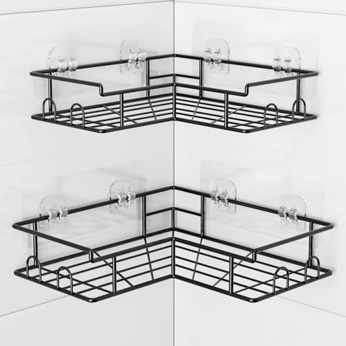 Diboniur Duschablage Ohne Bohren Ecke Mit 8 Haken, 2 Stück Duschgel Halterung Ohne Bohren aus Edelstahl für Duschgel und Shampoo (Schwarz)