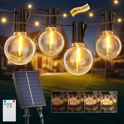 Zeitlich begrenztes Angebot: Solar Lichterkette Aussen, 12M Garten 26 LEDs Lichterketten Außen Wetterfest, Outdoor Solarlichterkette 19 Modi, 14+1 G40 Glühbirne, 1800 mAH Solar Outdoor Lichterketten für Balkon Garten Camping von 29.99 € auf 18.98 € (37% R