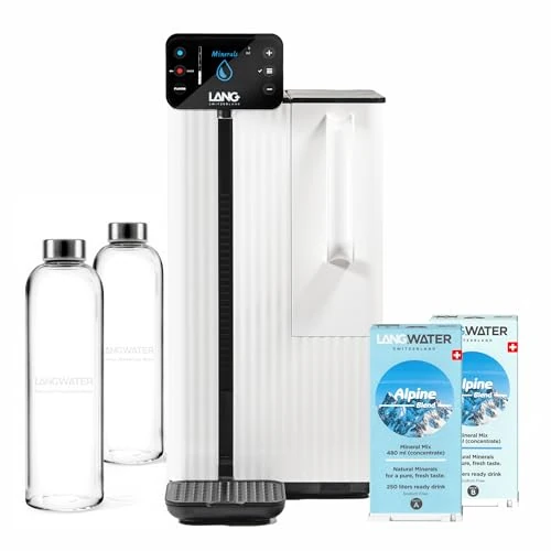 LanGWATER TheWell 2 - Purificador de agua y mineralización (filtro instantáneo, con ósmosis inversa, NSF58, UV, 2 paquetes de minerales suizos, botella de cristal, tapón de cristal, 1 L