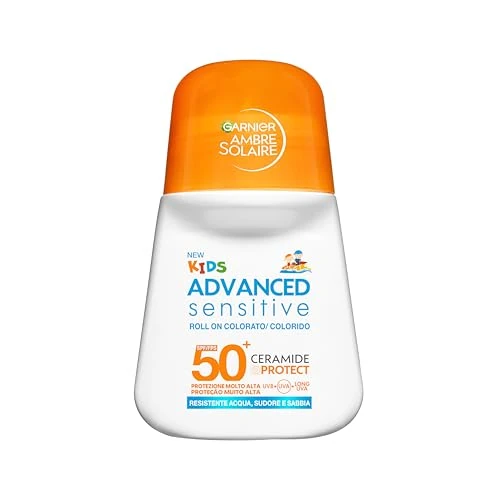 Offerta a tempo: Garnier Protezione Solare Bambino Roll-On SPF 50+, Per Pelli Sensibili, Protezione Avanzata Anti UVA e UVB, Resistente ad Acqua, Sudore e Sabbia, Finish Colorato, Ambre Solaire Kids, 50 ml - 18% da 9.50 € a 7.77 €