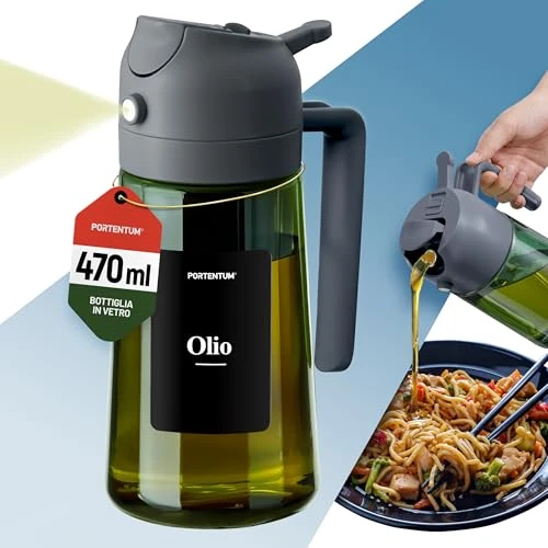 PORTENTUM Spray huile cuisine 470 ml 2 en 1 avec fonction spray et versement – Vaporisateur et pulverisateur en verre vert protection contre lumière – Accessoire air fryer avec étiquettes multilingues