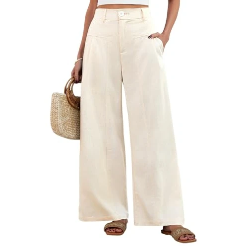 Offerta a tempo: heekpek Pantaloni Lino Donna Estivi Larghi Pantaloni Leggeri Elastico Vita Alta Lunghi Gamba Larga Eleganti Pantalone Bottoni Solido Sciolto Freschi Comodi con Tasche (Color Crema, L) - 41% da 28.99 € a 16.99 €