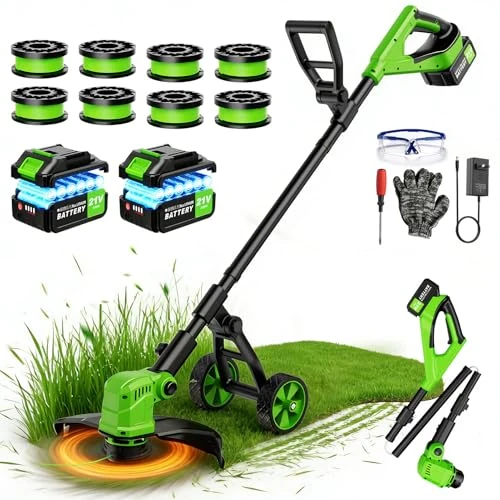 Offerta a tempo: Decespugliatore a Batteria con Ruota,36CM Tagliaerba a Batteria con 2 × 3,0 Ah Batteria e Caricatore,Motore Brushless da 800W,Decespugliatore Elettrico con 8 Bobine di Ricambio per Giardino e Prati - 13% da 119.99 € a 104.99 €