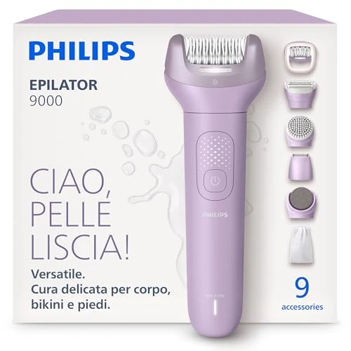 Offerta a tempo: Philips Epilatore Serie 9000 - Epilatore elettrico Wet & Dry senza fili, per gambe, corpo e zona bikini, con ProGuide, 9 accessori, tra cui testina pedicure, autonomia di 60 minuti, modello BRE728/00 - 30% da 199.99 € a 139.99 €