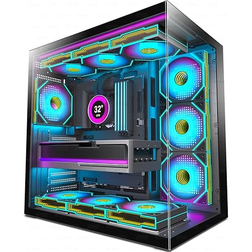 HYXN H1 PC Case ATX - Pre-Installed with 7 Infinity Mirror PWM ARGB Fans, Compact ATX Dual Chamber Mid Tower Gaming PC Case, 360 mm Wheel Support, with Type-C 3.2, Black