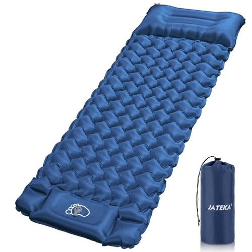 Tijdelijke aanbieding: JATEKA Campingmatras, zelfopblazende matras voor eenpersoonsbed, met voetpomp, opblaasbaar matras met kussen, compact en licht, ideaal voor camping, trekking, tent, blauw/grijs van 35.00 € naar 35.00 € (0.00% korting)