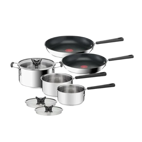 Lagostina Optispace, Set 8 Pentole, Padelle e Coperchi, Impilabili e Salvaspazio, Pentole in Acciaio Inox 18/10, Padelle Antiaderenti, Con Manici in Silicone