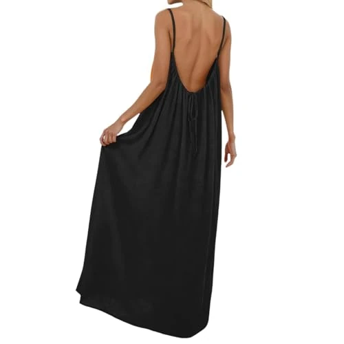 Offerta a tempo: RUIRUILICO Vestito Lungo Estivo Donna in Lino Spalline Sottili Abito da Spiaggia Casual Senza Schienale Leggero Fluido Vestiti Eleganti Scollo Quadrato Tinta Unita Dress - 0% da 21.98 € a 21.98 €