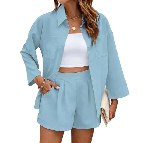 Oferta limitada: NLAND Conjunto de 2 Piezas para MujerCasual Conjunto Pantalón Corto y Camisa Elegantes Color Sólido Verano para Vacaciones y Playa，Azul，M de 14.99 € a 12.34 € (ahorro 17.68%)