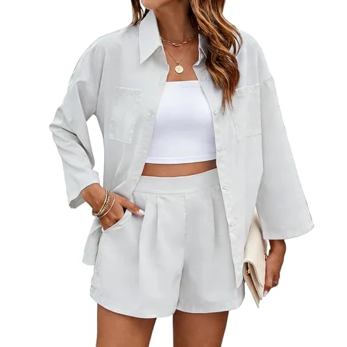 Limited-time offer: NLAND Women's Tracksuit Two-Piece Jogging Shirt Button-Down Shirt with Shorts with Beach Work Holiday, White, S from 42.97 £ to 38.59 £ (save 10.19%)