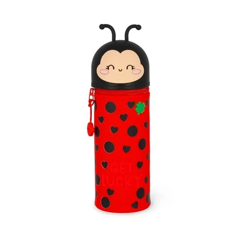 Legami - Kawaii 2-in-1 etui van zachte siliconen, pennenhouder voor op tafel, met ritssluiting, kleurpotloden, viltstiften, Rood, Diametro 6,3 cm, Altezza Max 21,7 cm, Ladybug