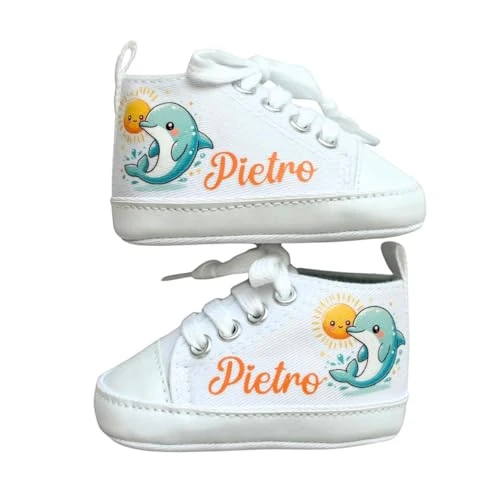 Offerta a tempo: Scarpine Neonato, Scarpette Personalizzate con Nome, Scarpe da Culla con Stampa (DELFINO e SOLE, 6-9 mesi) - 0.00% da 16.99 € a 16.99 €
