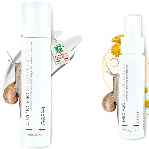 Pacchetto Rigenerante Bio Made in Italy – Crema Viso 100ml Bava di Lumaca 65% + Siero Viso 60ml Bava di Lumaca 70% con Acido Ialuronico – Antirughe, Idratante, Antimacchia