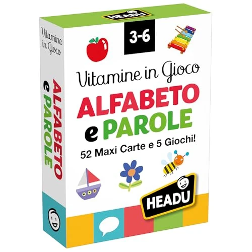 Offerta a tempo: HEADU - Carte Vitamine in Gioco Alfabeto e Parole - 52 Maxi Cards e 5 Giochi Educativi | Giochi di Carte Bambini 3-6 Anni, Cards Illustrate per Imparare le Prime Parole, Idea Regalo Natale Pasqua - 22% da 8.50 € a 6.64 €