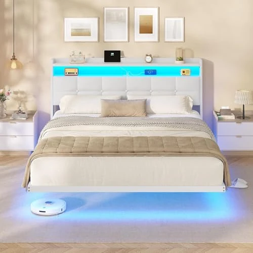 Offerta a tempo: AOGLLATI Letto Matrimoniale 160x200 con Effetto Visivo Levitante, Struttura Letto con LED e Stazione di Ricarica, Letto con Testiera Imbottita e Struttura in Metallo, Senza Materasso, Bianco(PU) - 3% da 119.99 € a 115.99 €