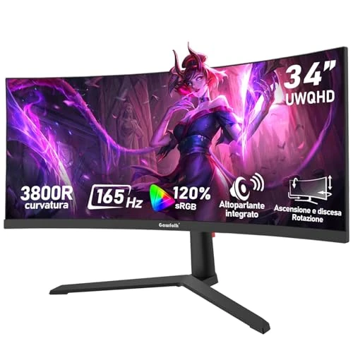 Offerta a tempo: Gawfolk Monitor Gaming Curvo Ultrawide 34 Pollici 165Hz, Schermo PC 3800R 21:9 UWQHD (3440x1440), 120% sRGB, 1ms, Adaptive Sync, Display Port, HDMI, Regolabile in Altezza, Altoparlanti Integrati -Nero - 20% da 269.99 € a 216.59 €