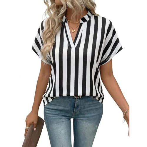Zeitlich begrenztes Angebot: heekpek Bluse Damen Sommer Kurzarm Shirts Elegant V-Ausschnitt Oberteile Streifen Lässig Blusenshirt Casual Locker Hemdbluse Tunika Top (Schwarz, M) von 13.99 € auf 13.99 € (0.0% Rabatt)