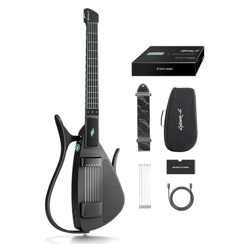 Enya CYBER-G Chitarra Smart – con corde in silicone, 24 suoni integrati, chitarra da viaggio silenziosa nera con altoparlante, drum system, app e accordi interattivi per adulti o adolescenti