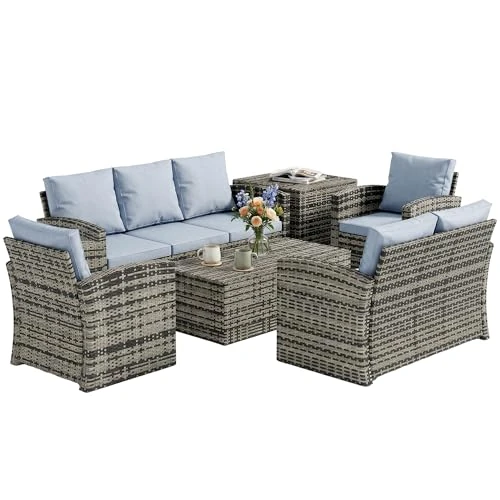 Offerta a tempo: Outsunny Set di Mobili da Giardino in Rattan 6 Pezzi, Salotto da Giardino Esterno 7 Posti con Tavolo da Caffè e Tavolo Laterale Contenitore, 2 Divani, 2 Poltrone, Cuscini Lavabili, in Acciaio, Grigio - 21% da 784.95 € a 617.99 €