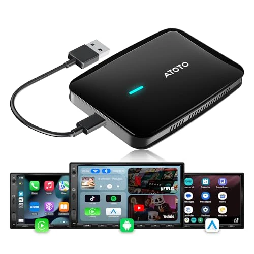 Offerta a tempo: MYATOTO Adattatore Android Auto Wireless CarPlay, AI Box CarPlay 2GB+16GB per auto con CarPlay cablato, app video integrate (YouTube/Netflix), DriveChat AI, Dual-WiFi y Bluetooth, cavo a Y, CB4A - 5% da 87.99 € a 83.59 €