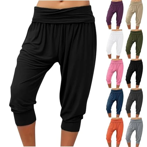Pantalones capri para mujer de verano, elásticos, pantalones de yoga para mujer 3/4 XXL: pantalones harén, elegantes pantalones de ocio, ligeros, transpirables, pantalones de chándal largos hasta la