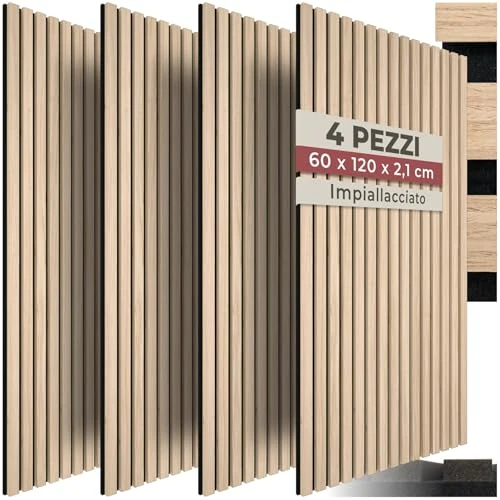 tectake® Set of 4 Acoustic Wall Panels with Real Wood Veneer & MDF, Sound-Absorbing Acoustic Panels with Felt Fabric, Wood Slats, Adjustable Size, Easy Installation, 120 x 60 x 2.1 cm - Light Oak