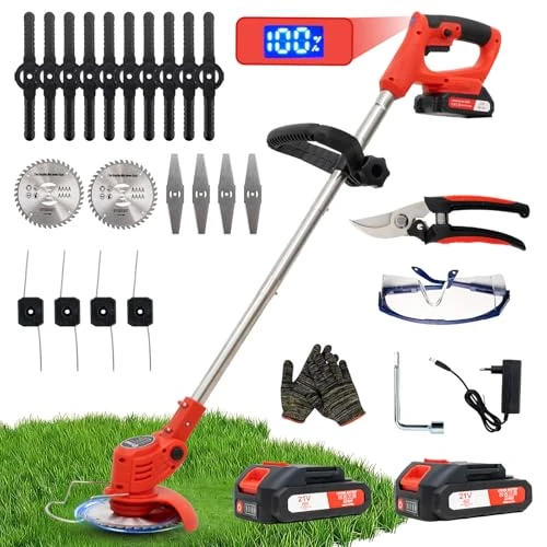 Offerta a tempo: OUTIGO Decespugliatore a Batteria, Decespugliatore Elettrico a Batteria, dotato di 2 batterie e 4 lame, Tosaerba a batteria Tosaerba Pieghevole da 800W,adatto per tagliare l'erba di prati e cespugli - 60% da 59.99 € a 23.99 €