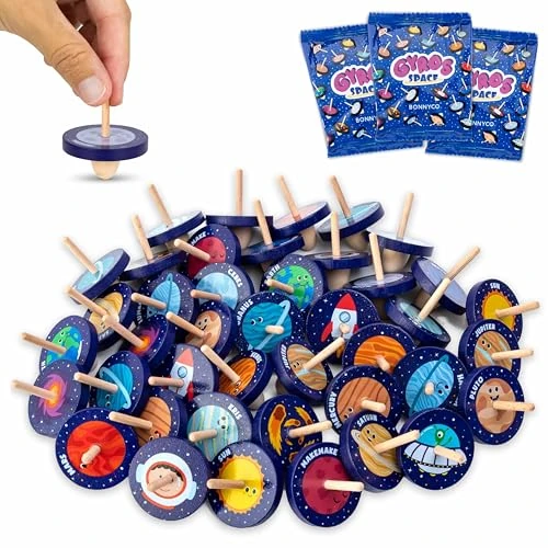 BONNYCO Toupie Enfant Pack 40 Espace Cadeau Anniversaire Enfants Invites. Toupie Bois, Cadeaux Anniversaire Invités. Petit Jouet Pinata Mixte, Pochette Surprise, Mini Jouet. Lot Goodies Assortiment