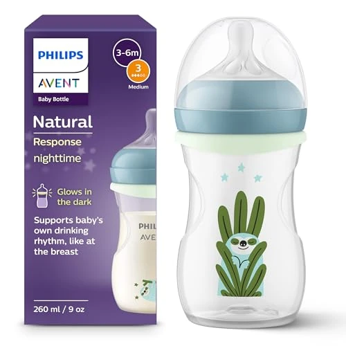 Offerta a tempo: Philips Avent Biberon Nighttime a Risposta Naturale da 260 ml, con tettarella a flusso medio (Flusso 3), con anello fosforescente, design “Sleepy Sloth”, SCY903/81 - 0.00% da 13.99 € a 13.99 €