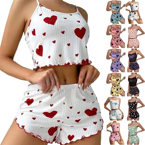 Generico Pigiama Donna Estivo Due Pezzi Canotta Senza Maniche Pantaloncini Sexy con Stampa Romantica Bordo Ondulato Leggero Traspirante, Set Pigiama Corto Donna Comodo Confortevole per Uso Quotidiano