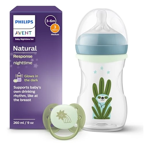 Zeitlich begrenztes Angebot: Philips Avent Natural Response Set für die Nacht – 260 ml Babyflasche mit mittlerer Durchflussrate (Mittel 3), im Dunklen leuchtender Ring, ultra soft Schnuller, Motiv müdes Faultier, SCD838/17 von 17.99 € auf 17.99 € (0.00% R