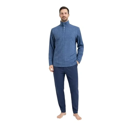 GX GARGIX Pijama de forro polar de invierno para hombre, conjunto de 2 piezas, cálido y suave, con cuello alto y pantalón largo, Up-3 Azul, L