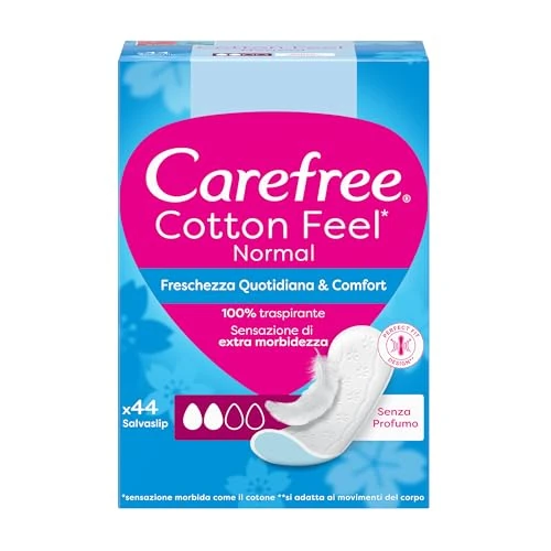 Offerta a tempo: Carefree Salvaslip Cotton Feel Normal Senza Profumo 44 Pezzi, Salva slip donna traspiranti, Proteggi slip che si adattano ai movimenti del corpo, Extra morbidezza, Delicati sulla pelle - 38% da 4.79 € a 2.99 €