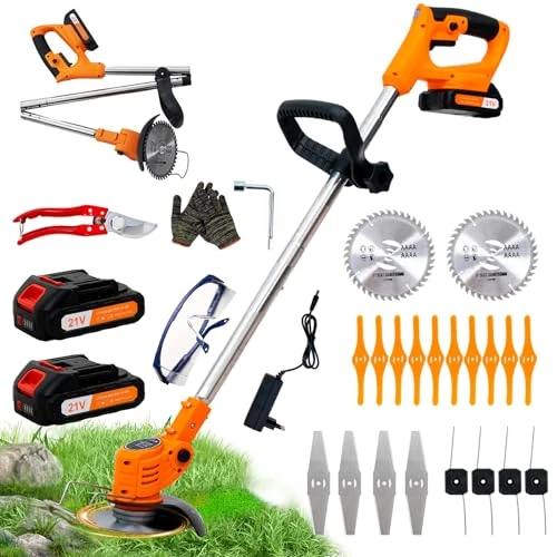 Offerta a tempo: OUTIGO Decespugliatore a Batteria, Decespugliatore Elettrico a Batteria, dotato di 2 batterie e 4 lame, Tosaerba a batteria Tosaerba Pieghevole da 800W,adatto per tagliare l'erba di prati e cespugli - 53% da 59.99 € a 27.99 €