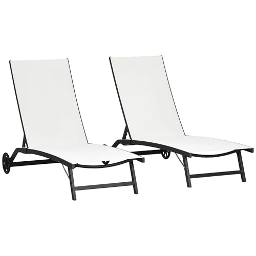 Offerta a tempo: Outsunny Set di 2 Lettini Prendisole da Giardino con Ruote e Schienale Regolabile su 5 Livelli, Sdraio da Giardino in Alluminio e Texteline, per Spiaggia, Piscina, 66x165x102cm, Crema - 0.00% da 171.95 € a 171.95 €